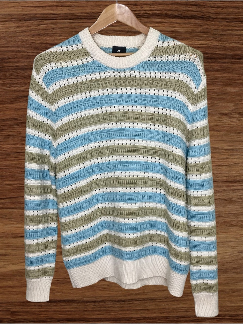 H&M Striped Blue White & Beige Textured Knit Sweater Regular Fit - Medium
